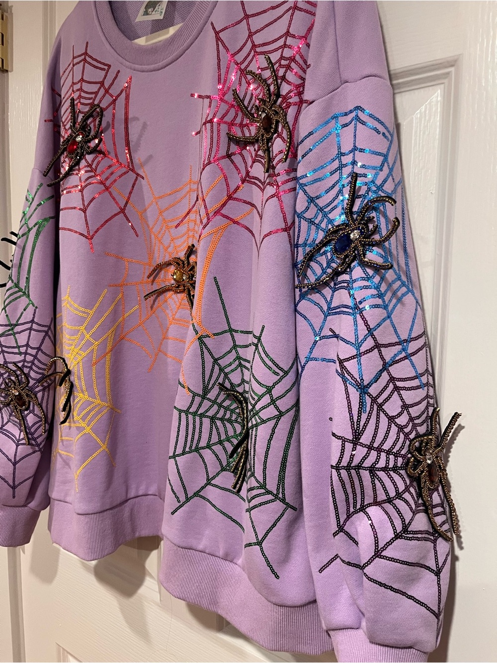 HTF QUEEN OF SPARKLES Lavender Sequin Spiderweb Crewneck Sweatshirt - Picture 2 of 8